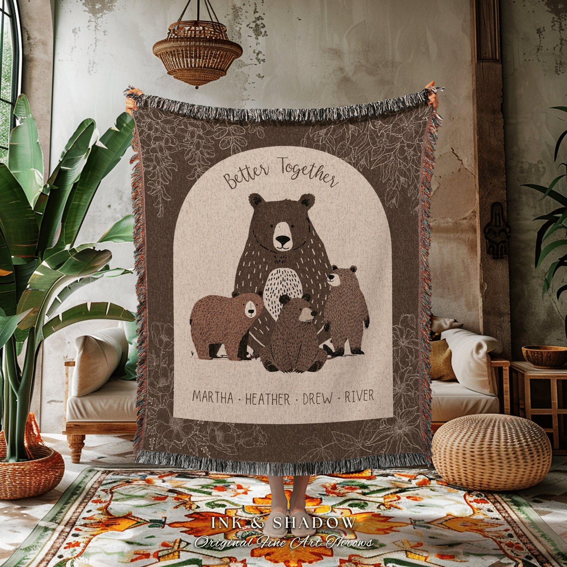 Cub Family Sentimental Blanket | Personalized Mom Gift from Kids Custom Mama Bear Cubs Cottagecore Grandchildren Names Tapestry Woven Throw