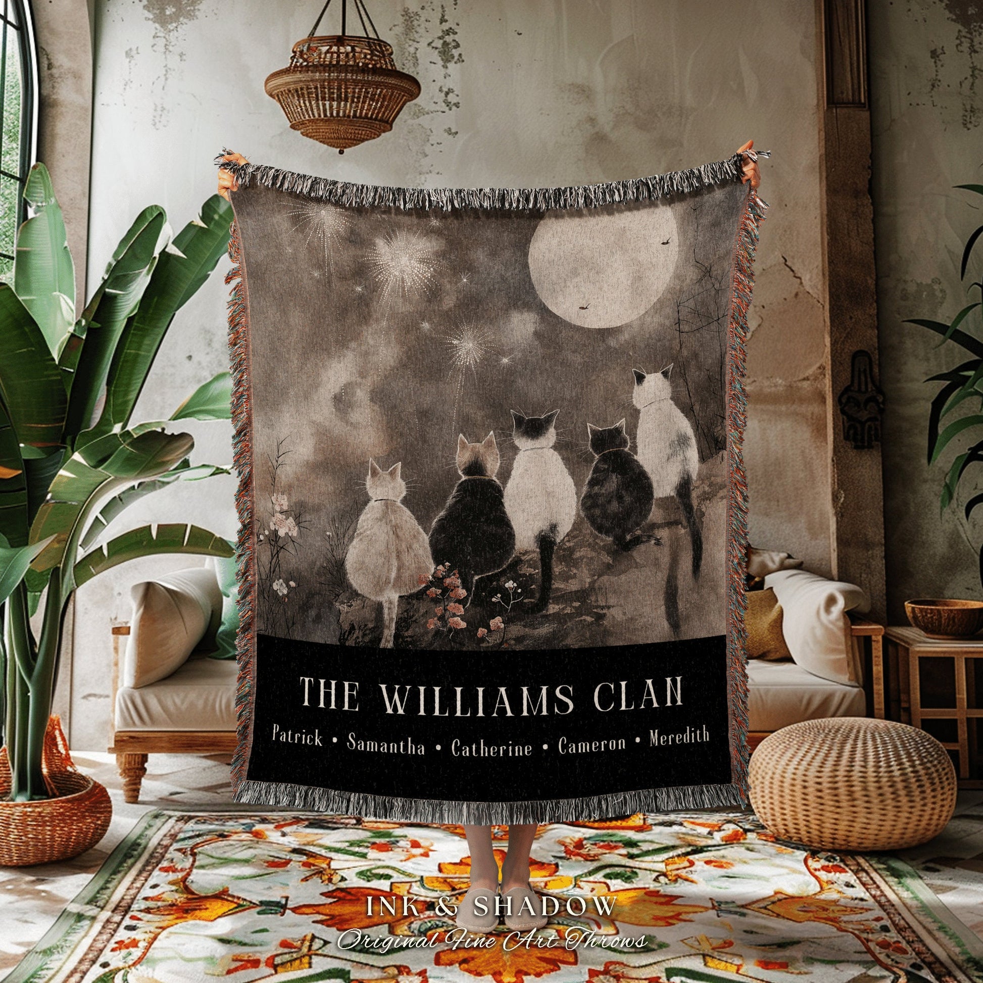 Cat Family Name Tapestry Woven | Cozy Throw Custom Family Name Sentimental Blanket Gift from Kids Cottagecore Woven Tapestry Cat Lover Gift