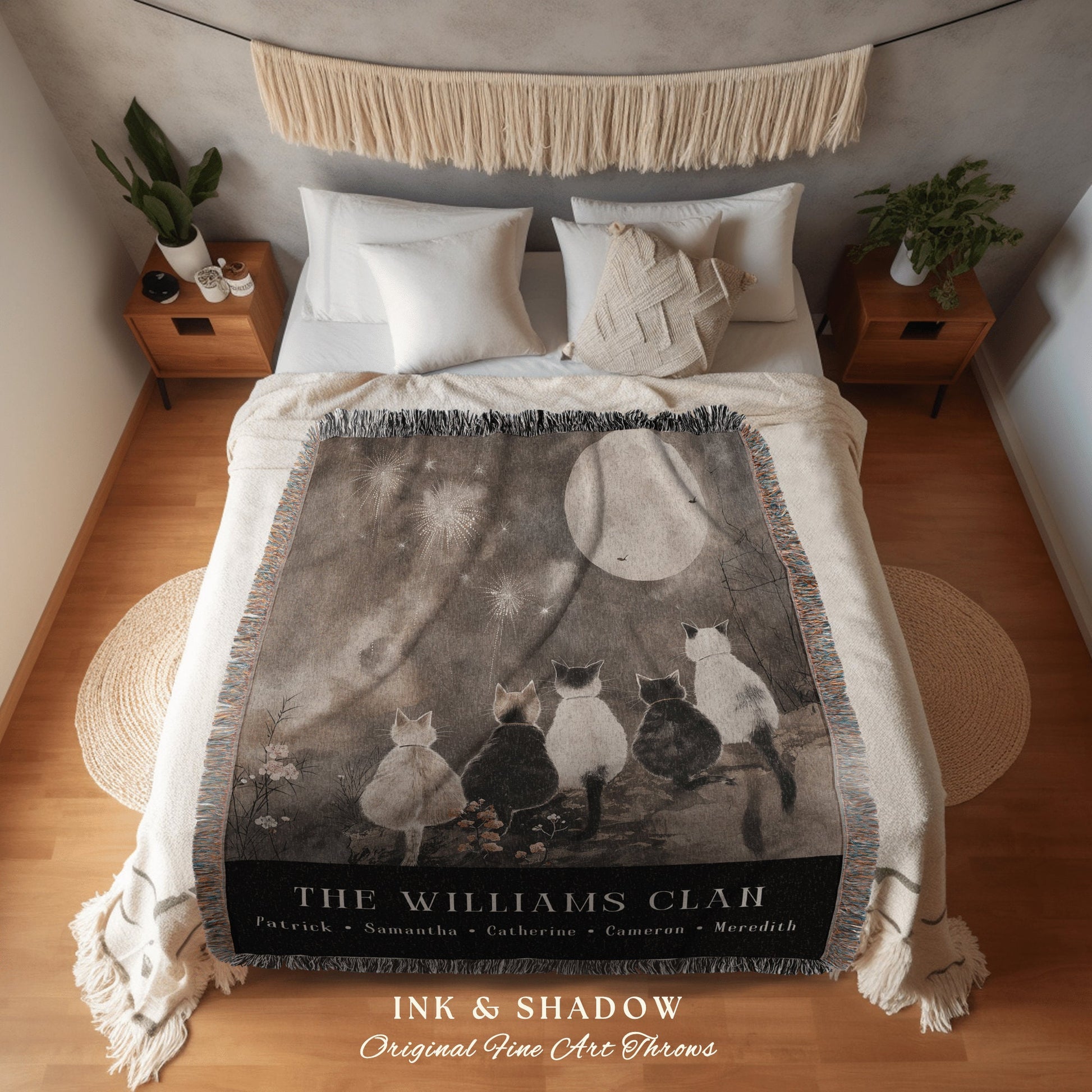 Cat Family Name Tapestry Woven | Cozy Throw Custom Family Name Sentimental Blanket Gift from Kids Cottagecore Woven Tapestry Cat Lover Gift