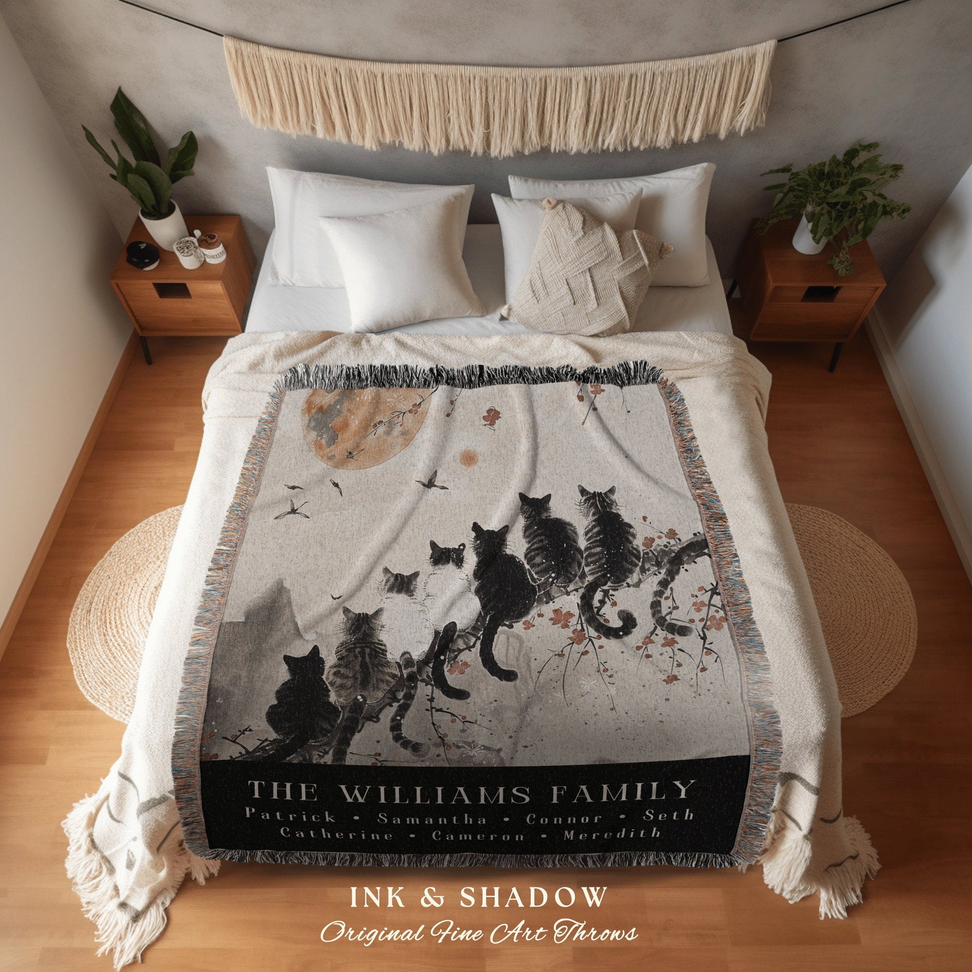 Personalized Cat Family Blanket | Cozy Throw Custom Family Name Sentimental Blanket Gift from Kids Cottagecore Woven Tapestry Cat Lover Gift