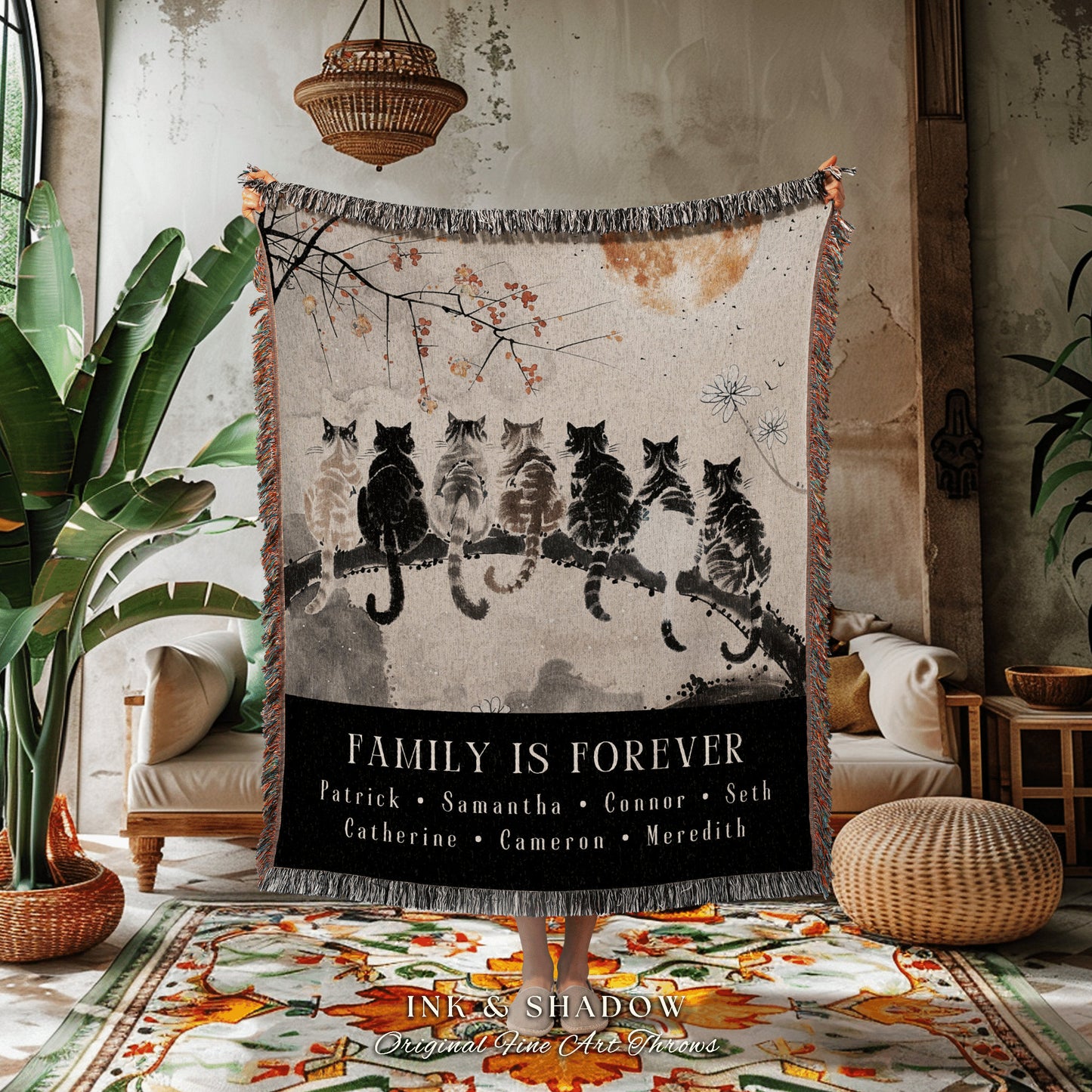 Cat Family Blanket Personalized | Woven Throw Custom Family Name Sign Love Mom Blanket Gift from Kids Cottagecore Tapestry Cat Lover Gift