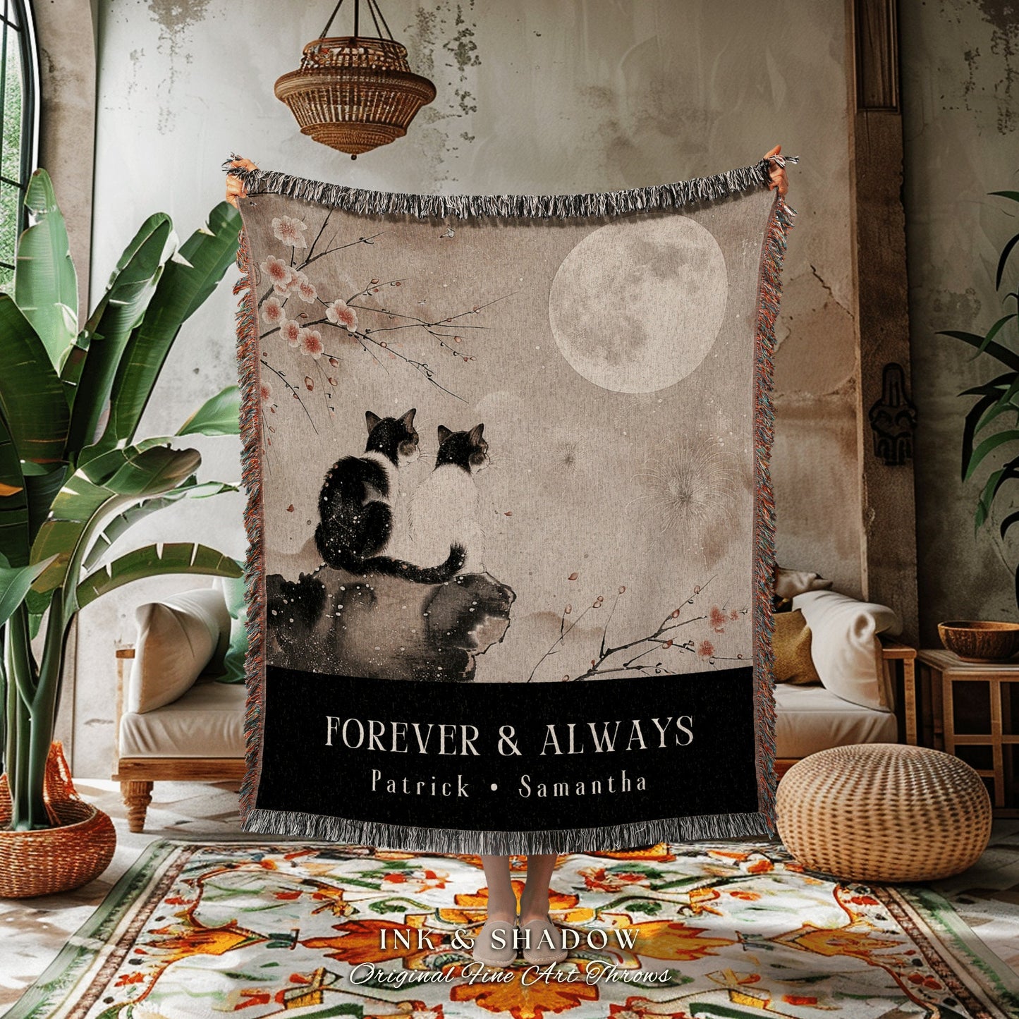 Forever & Always Cat Tapestry Custom | Woven Throw Personalized Family Name Blanket Gift from Kids Cottagecore Tapestry Cat Lover Gift |