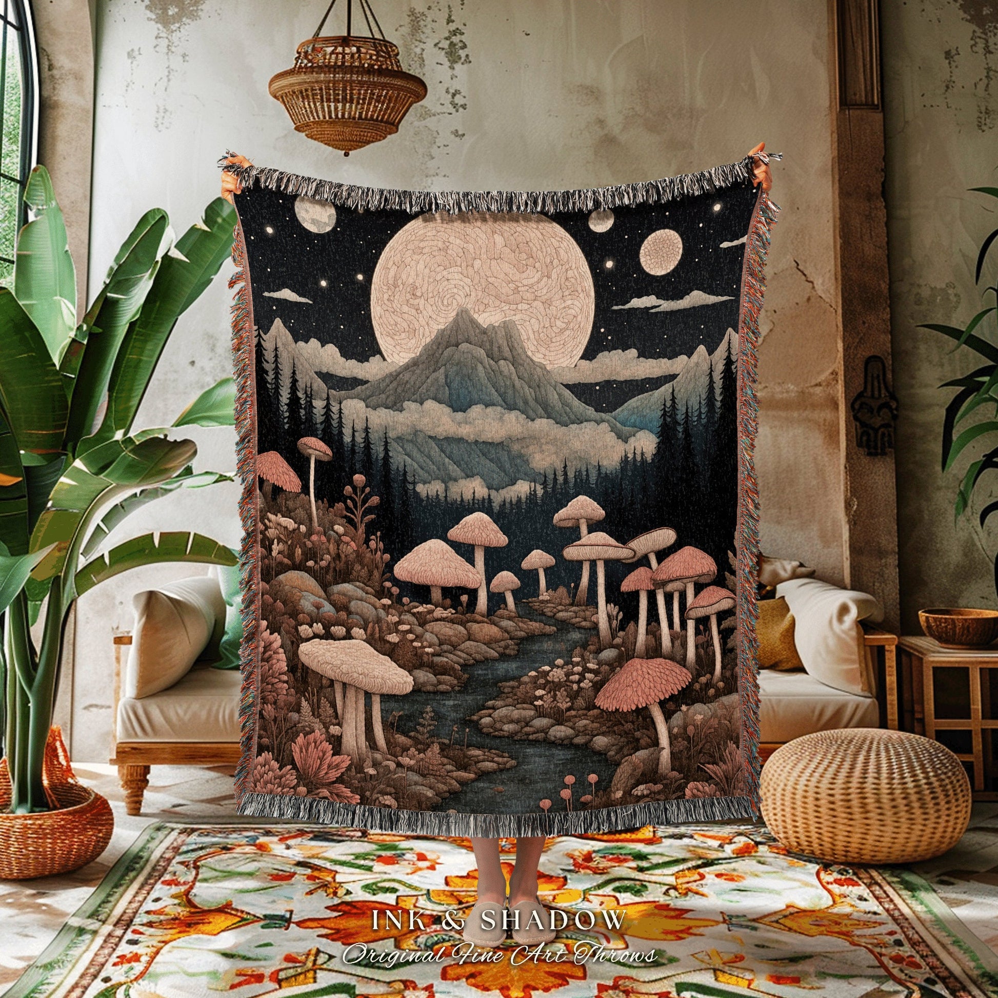 Ethereal Mushroom Landscape Blanket | Woven Throw Gift for Mushroom Lover Whimsical Boho Style Reading Nook Aesthetic Magical Decor |