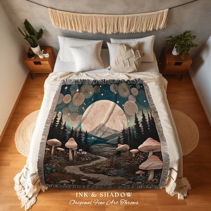 Woodland Magic Woven Throw | Cozy Gift for Mushroom Lover Whimsical Style Cottagecore Aesthetic Crowcore Wall Hanging Tapestry Boho Ethereal