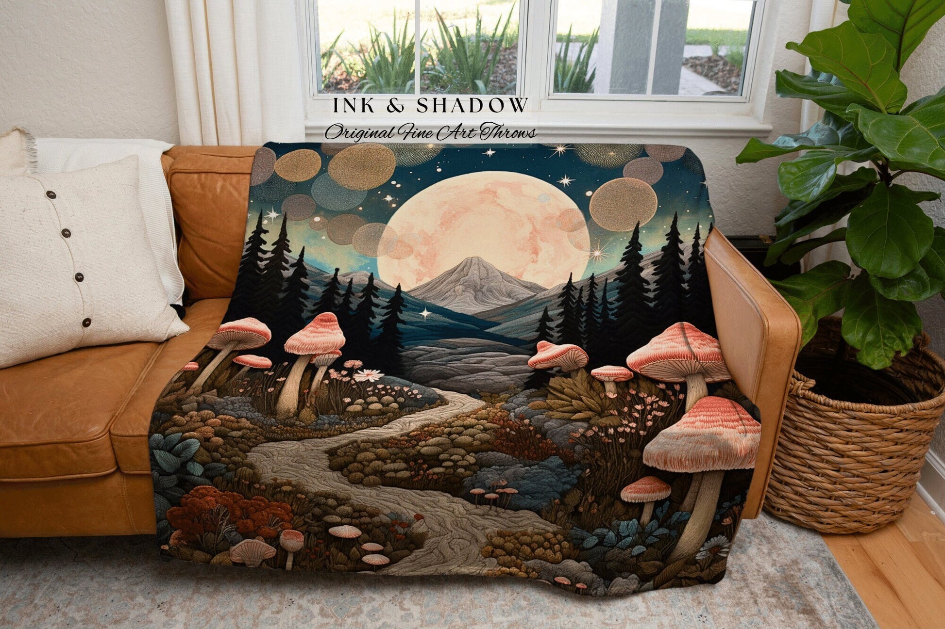 Woodland Magic Woven Throw | Cozy Gift for Mushroom Lover Whimsical Style Cottagecore Aesthetic Crowcore Wall Hanging Tapestry Boho Ethereal