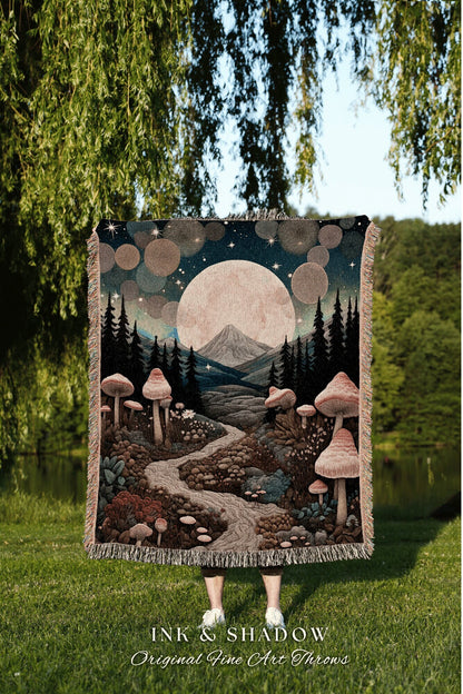 Woodland Magic Woven Throw | Cozy Gift for Mushroom Lover Whimsical Style Cottagecore Aesthetic Crowcore Wall Hanging Tapestry Boho Ethereal