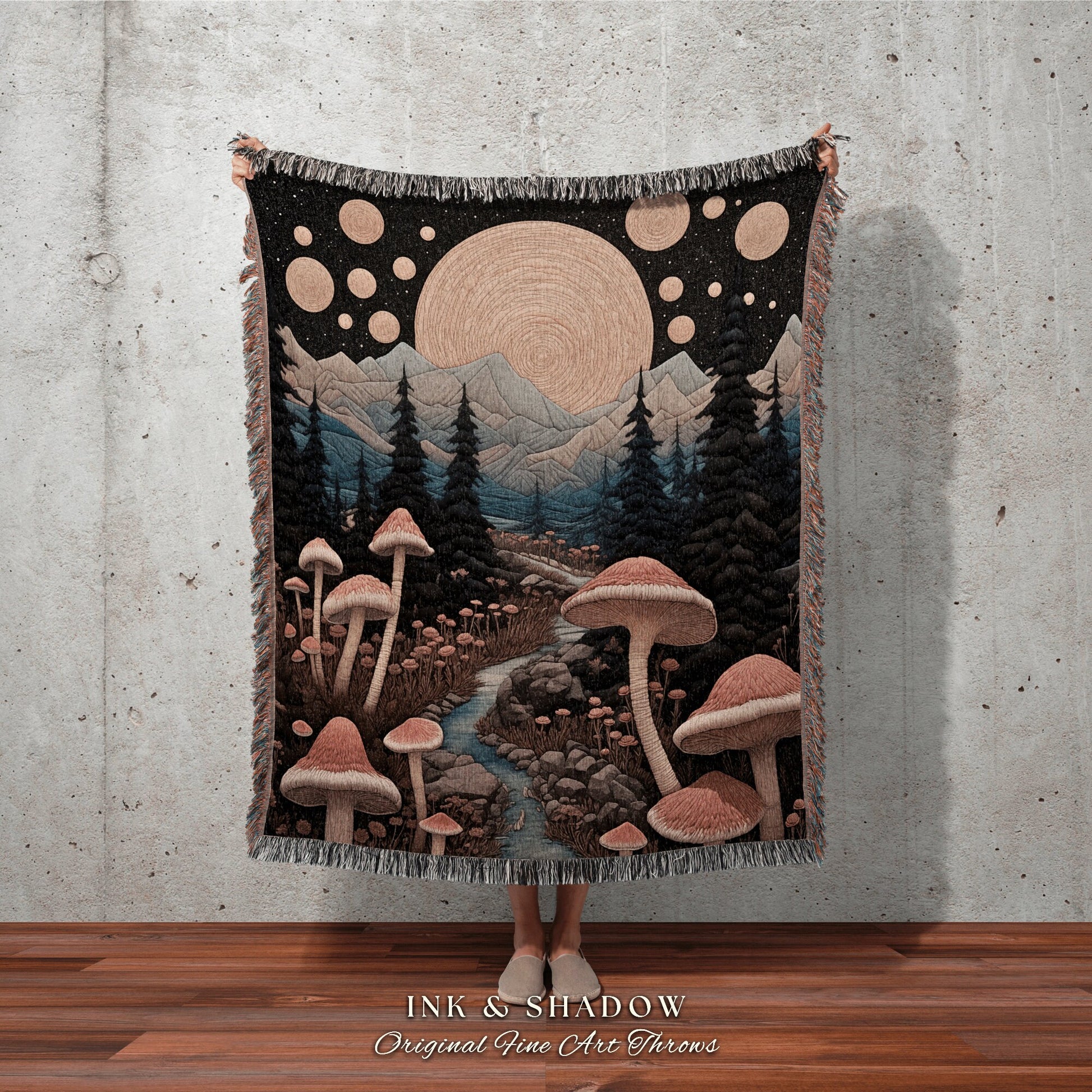 Magical Landscape Cozy Throw Blanket | Woven Throw Cozy Gift for Mushroom Lover Whimsical Style Cottagecore Aesthetic Crowcore Tapestry |