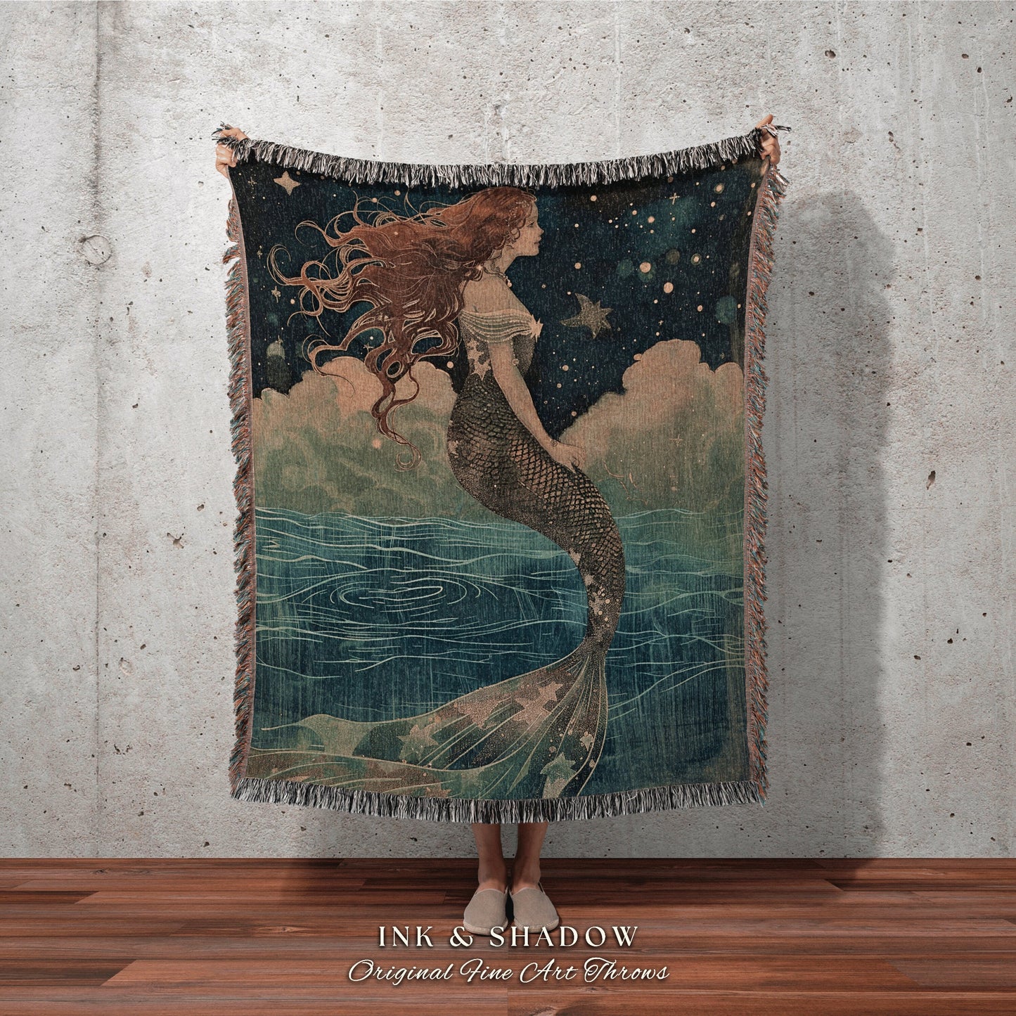 Mystical Mermaid Picnic Blanket | Mermaidcore Aesthetic Celestial Sea Witch Tapestry Fairycore Decor Art Nouveau Fairy Grunge Home Decor