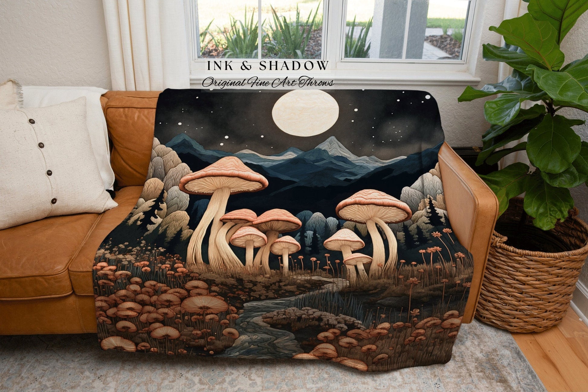 Midnight Mushroom Woven Tapestry | Throw Blanket Cozy Gift for Mushroom Lover Whimsical Style Cottagecore Aesthetic Crowcore Wall Tapestry