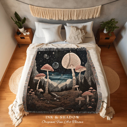 Retro Mushroom Cozy Throw | Cozy Gift for Mushroom Lover Whimsical Style Cottagecore Aesthetic Crowcore Wall Hanging Tapestry Boho Mystical