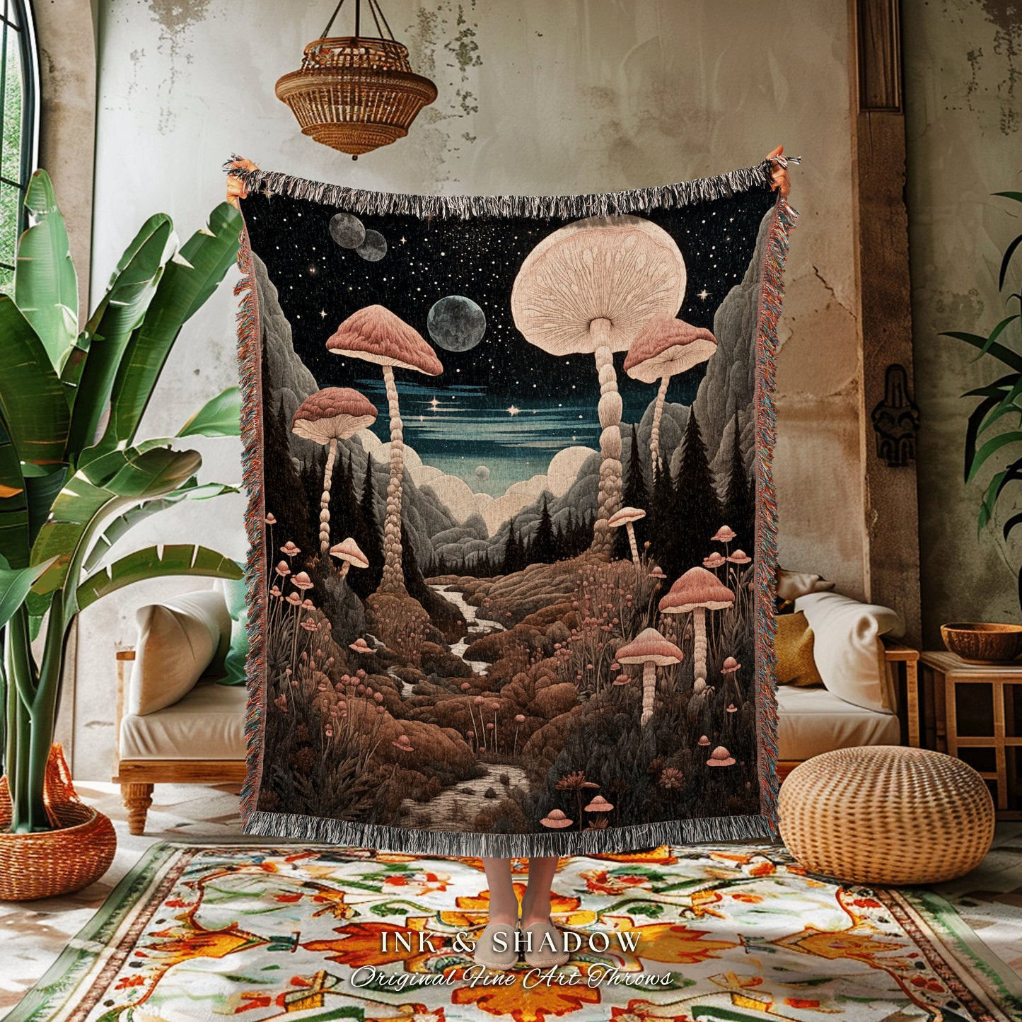 Retro Mushroom Cozy Throw | Cozy Gift for Mushroom Lover Whimsical Style Cottagecore Aesthetic Crowcore Wall Hanging Tapestry Boho Mystical