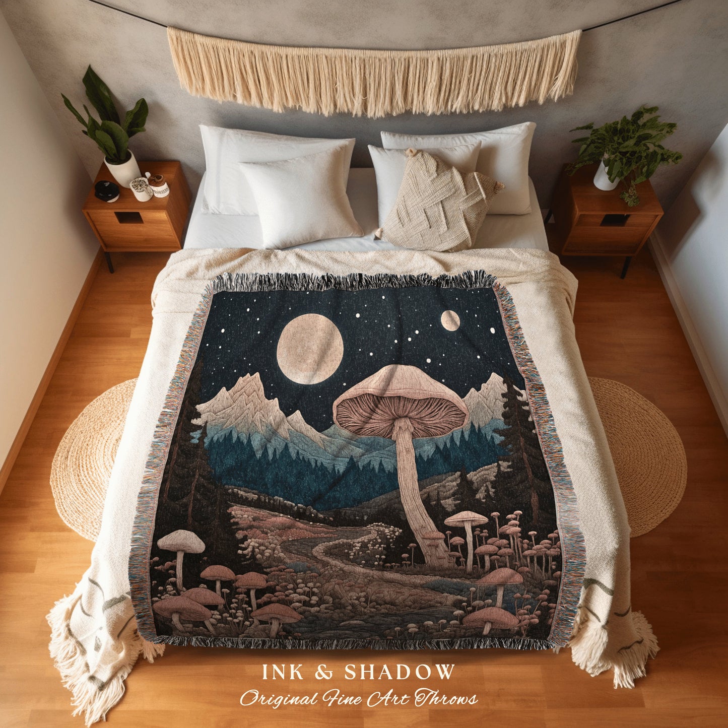 Dreamy Woodland Woven Blanket | Cozy Gift for Mushroom Lover Whimsical Style Cottagecore Aesthetic Crowcore Wall Hanging Tapestry Fairycore