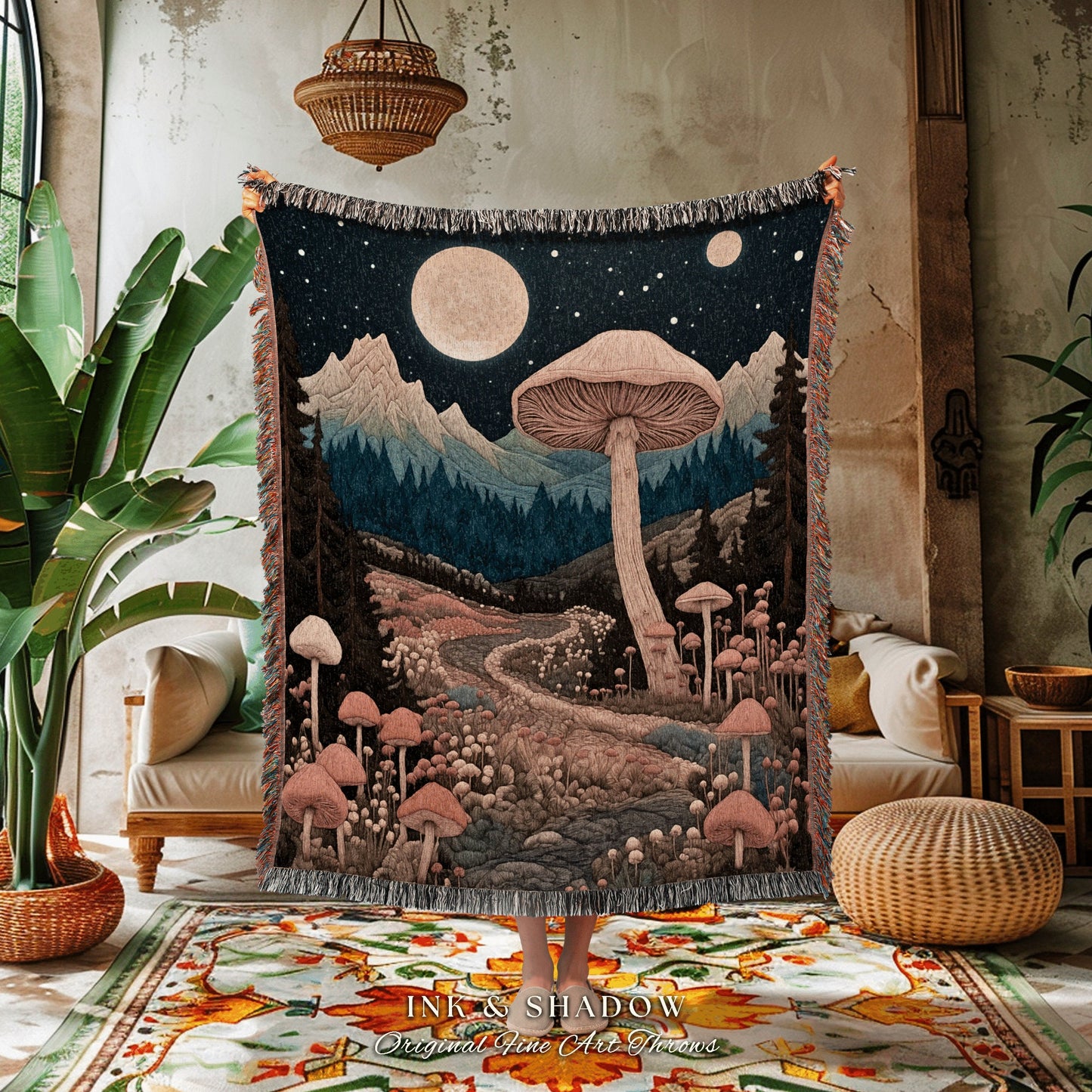 Dreamy Woodland Woven Blanket | Cozy Gift for Mushroom Lover Whimsical Style Cottagecore Aesthetic Crowcore Wall Hanging Tapestry Fairycore