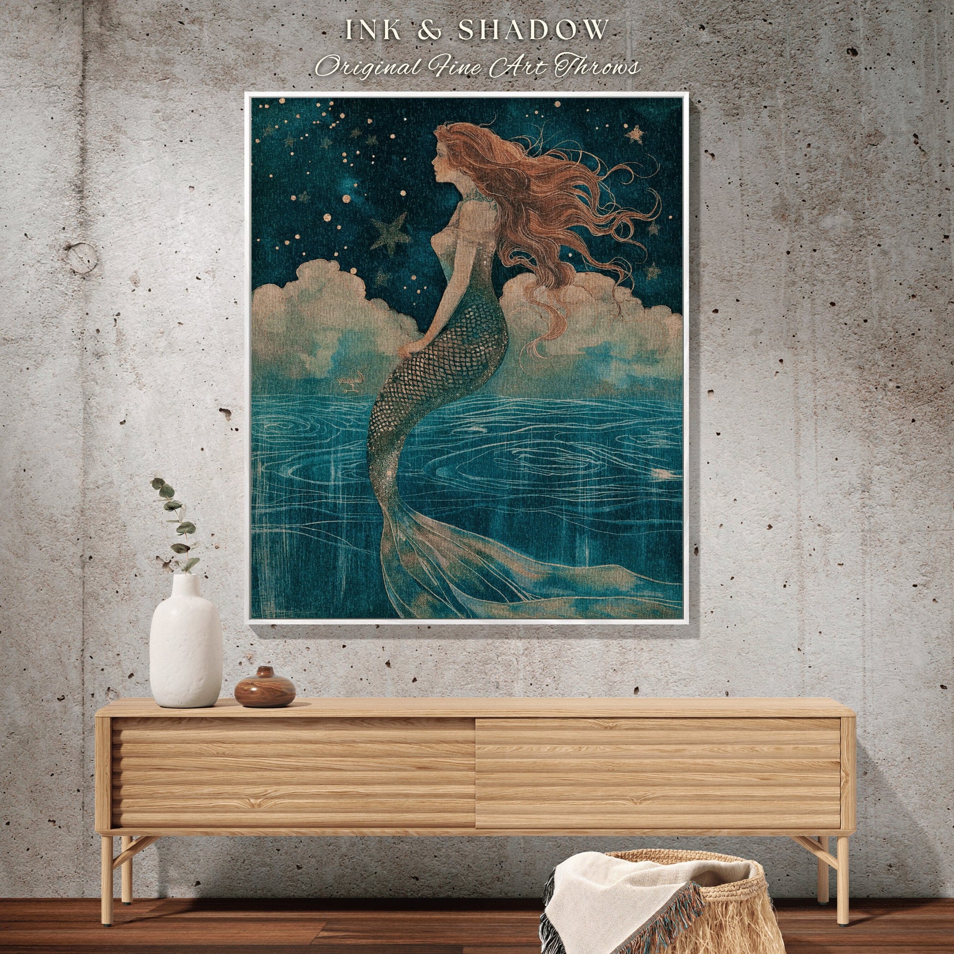 Mermaidcore Woven Throw Blanket | Siren Aesthetic Celestial Wall Art Fairycore Decor Art Nouveau Fairy Grunge Room Decor Ethereal |