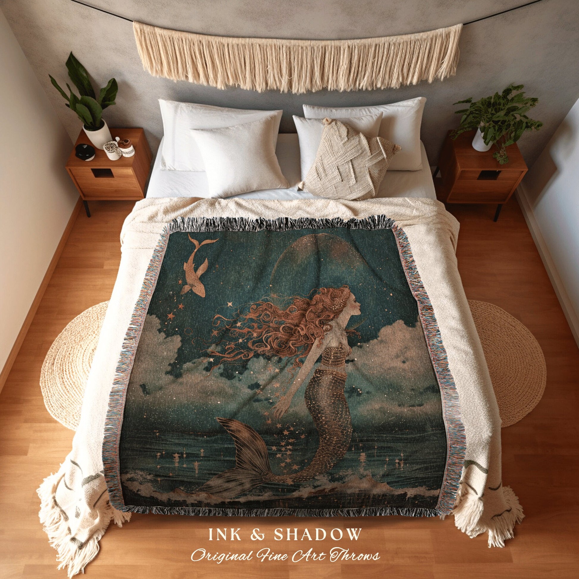 Ethereal Mermaid Cozy Throw | Mermaidcore Aesthetic Celestial Sea Witch Tapestry Fairycore Decor Art Nouveau Fairy Grunge Room Decor Blanket