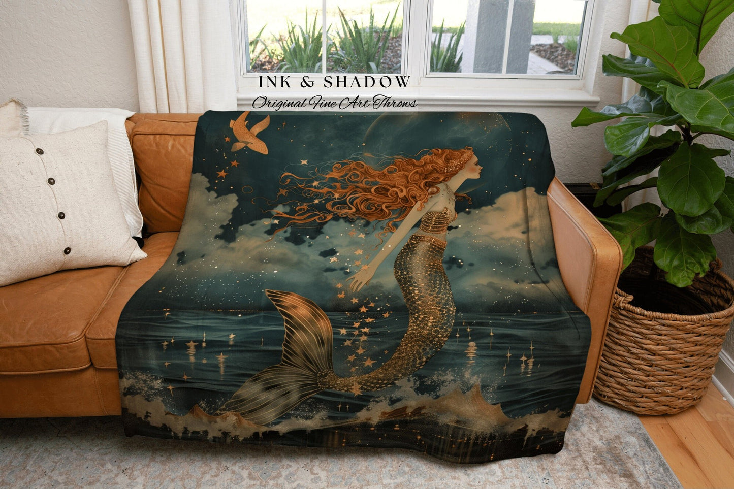 Ethereal Mermaid Cozy Throw | Mermaidcore Aesthetic Celestial Sea Witch Tapestry Fairycore Decor Art Nouveau Fairy Grunge Room Decor Blanket