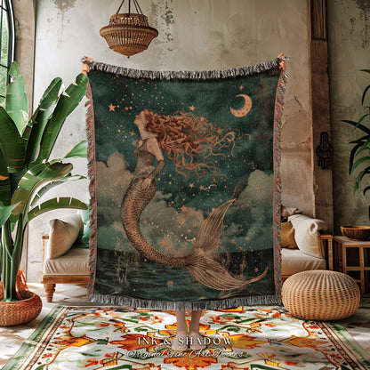 Sea Princess Cozy Throw Blanket | Fairycore Bedroom Celestial Throw Ethereal Tapestry Sirencore Decor Witchy Celestial Woven Wall Art