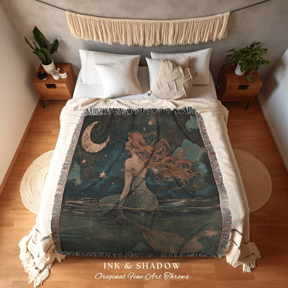 Luna Mermaid Room Decor | Mermaid Aesthetic Bedroom Celestial Witch Tapestry Fairycore Decor Art Nouveau Blanket Fairy Decor Dark Academia