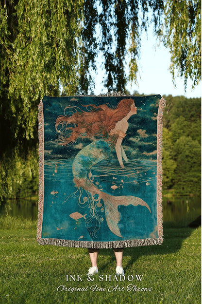 Mermaid Tapestry Blanket | Siren Aesthetic Celestial Wall Art Fairycore Decor Art Nouveau Woven Throw Fairy Grunge Room Decor Ethereal |