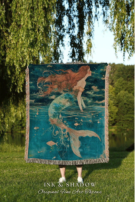 Mermaid Tapestry Blanket | Siren Aesthetic Celestial Wall Art Fairycore Decor Art Nouveau Woven Throw Fairy Grunge Room Decor Ethereal |