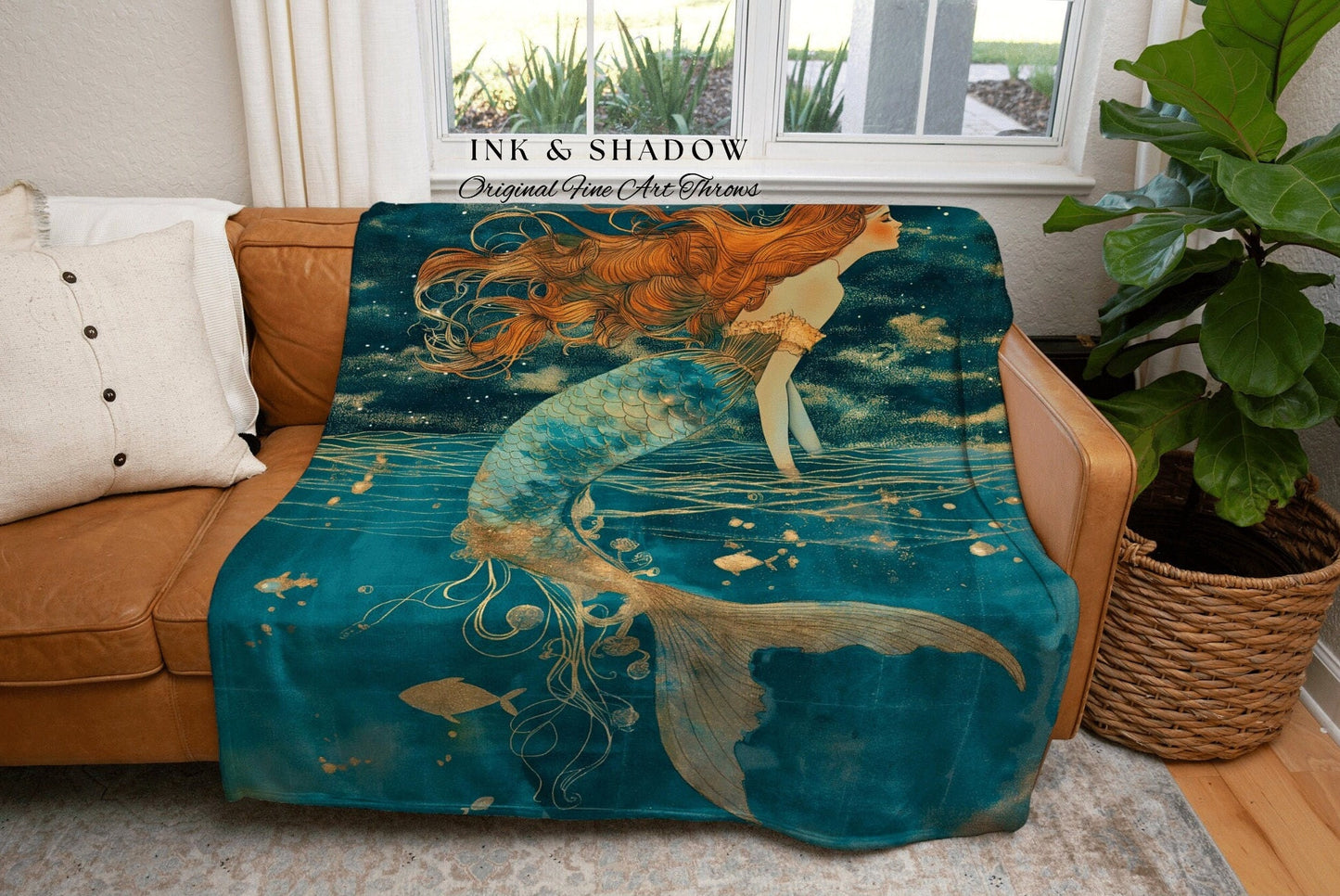 Mermaid Tapestry Blanket | Siren Aesthetic Celestial Wall Art Fairycore Decor Art Nouveau Woven Throw Fairy Grunge Room Decor Ethereal |