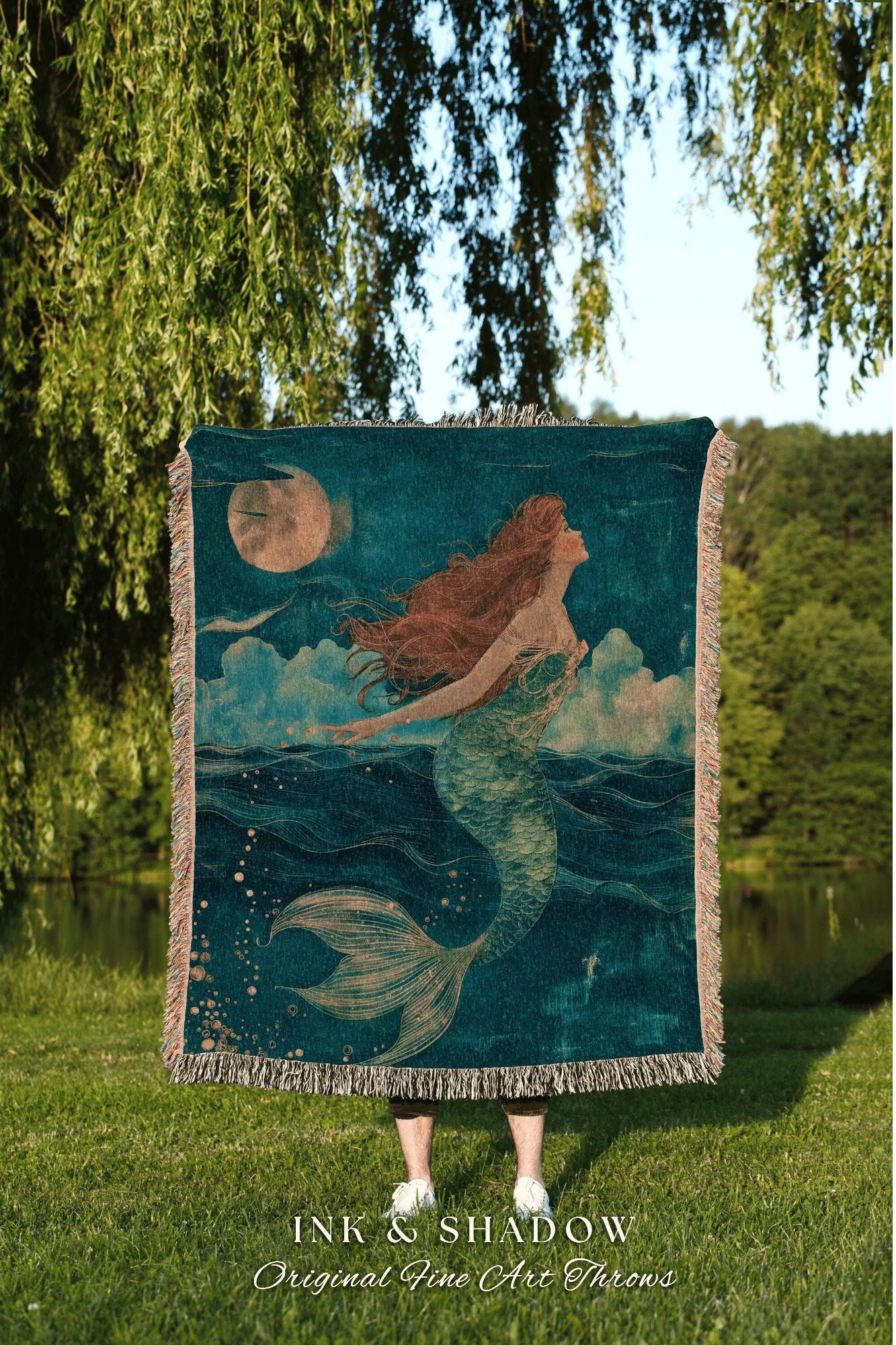 Boho Sea Witch Woven Blanket | Mermaidcore Aesthetic Celestial Sea Witch Tapestry Fairycore Decor Art Nouveau Fairy Grunge Home Decor