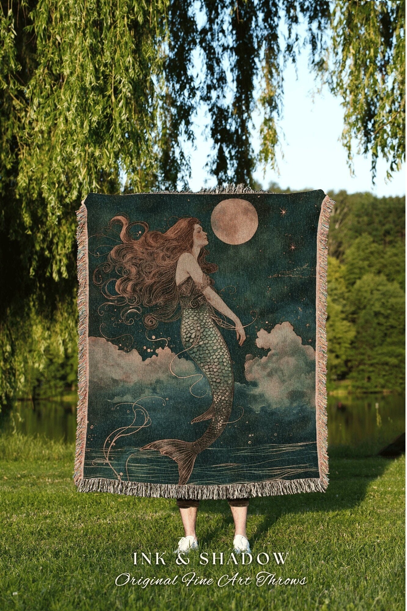 Mythological Siren Woven Blanket | Mermaidcore Bedroom Celestial Sea Witch Tapestry Sirencore Decor Art Nouveau Fairy Grunge Moody Aesthetic