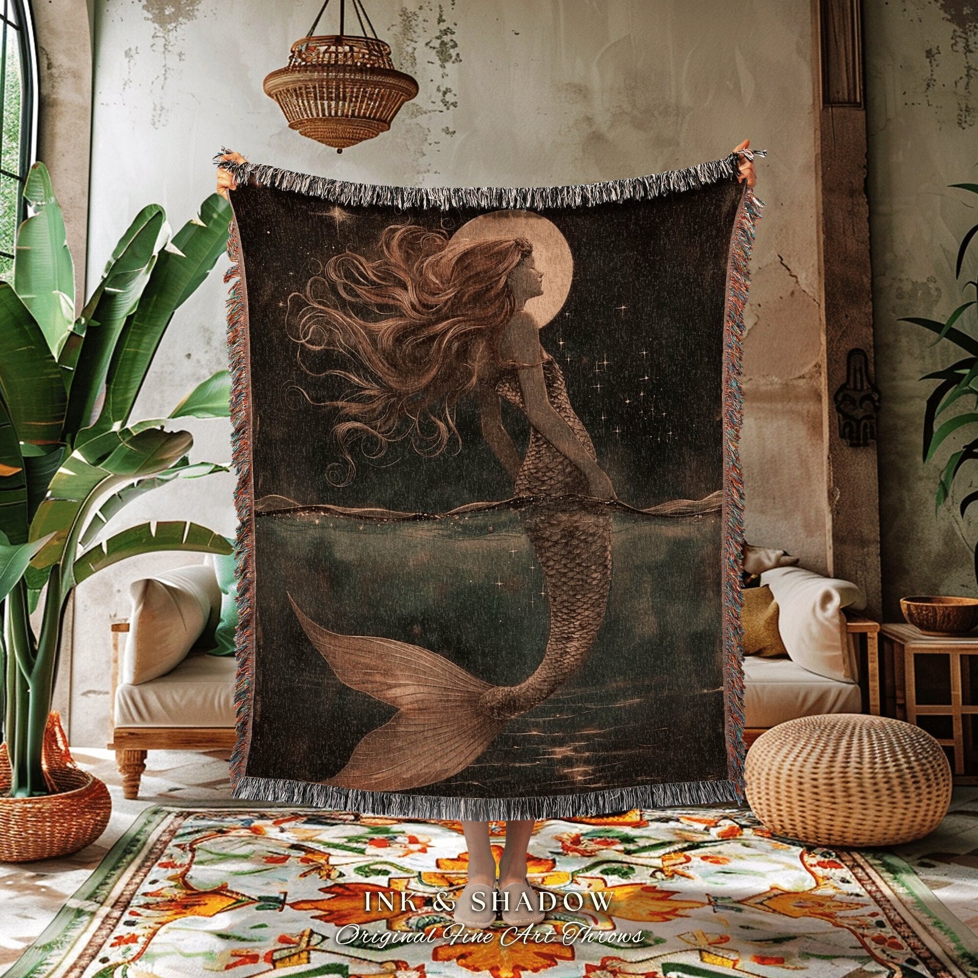 Ethereal Mermaid Woven Blanket | Fairycore Bedroom Celestial Sea Witch Tapestry Sirencore Decor Art Nouveau Fairy Grunge Witchy Wall Art