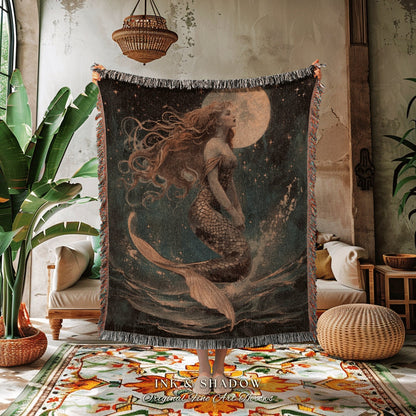 Mythology Tapestry Woven Throw | Fairycore Bedroom Celestial Siren Blanket Ethereal Sirencore Decor Art Nouveau Witchy Grunge Aesthetic