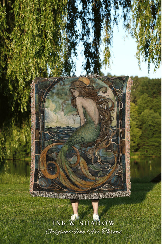 Cottagecore Mermaid Blanket Woven | Fairycore Bedroom Celestial Siren Throw Ethereal Tapestry Sirencore Decor Witchy Stained Glass Aesthetic