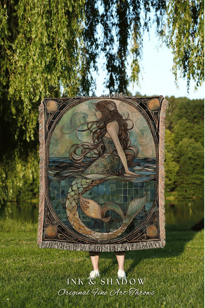 Woven Art Nouveau Mermaid Tapestry | Fairycore Bedroom Celestial Siren Blanket Ethereal Sirencore Decor Witchy Stained Glass Aesthetic |