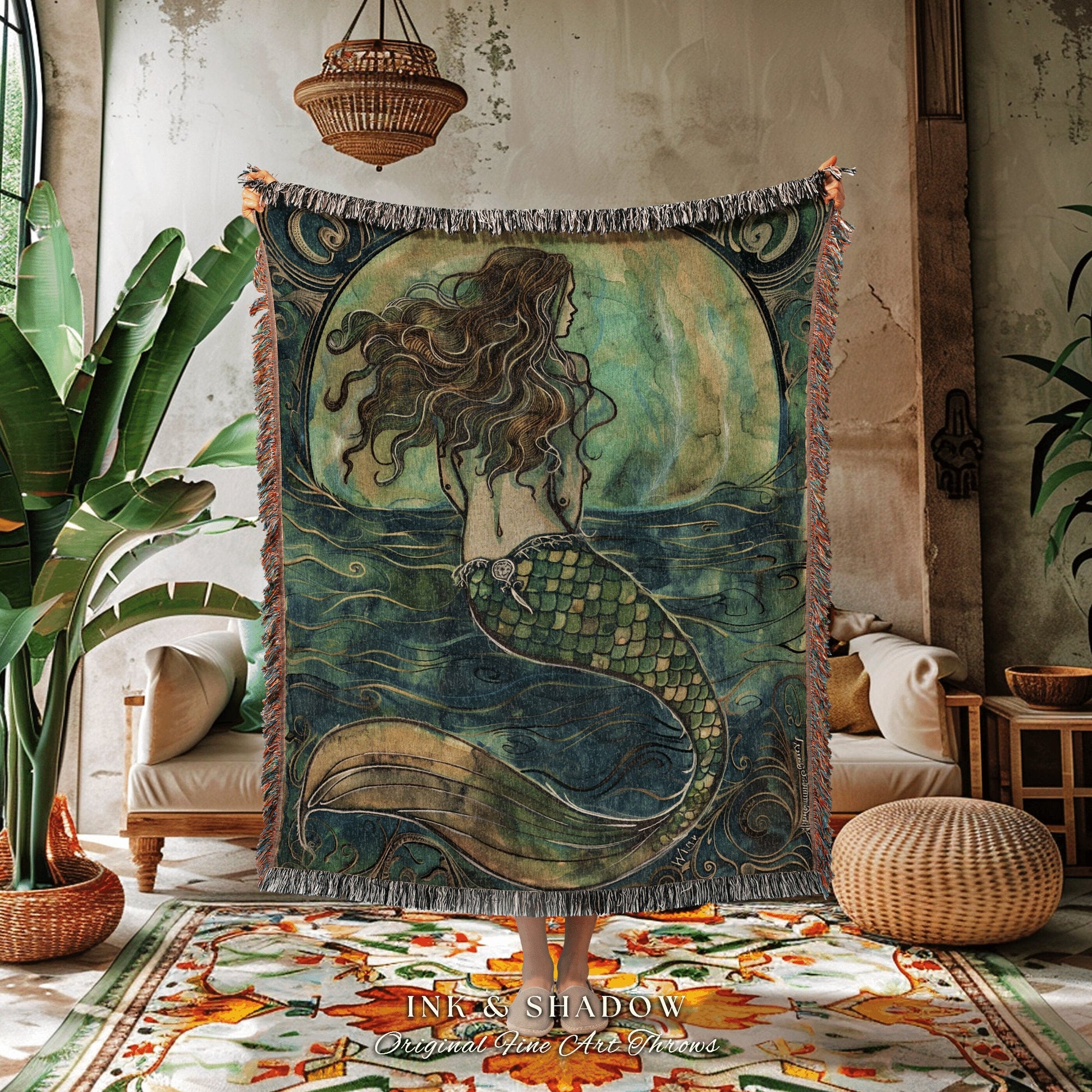 Rustic Mermaid Aesthetic Blanket | Fairycore Bedroom Celestial Siren Throw Ethereal Tapestry Sirencore Decor Witchy Stained Glass Art Woven