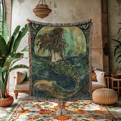 Rustic Mermaid Aesthetic Blanket | Fairycore Bedroom Celestial Siren Throw Ethereal Tapestry Sirencore Decor Witchy Stained Glass Art Woven