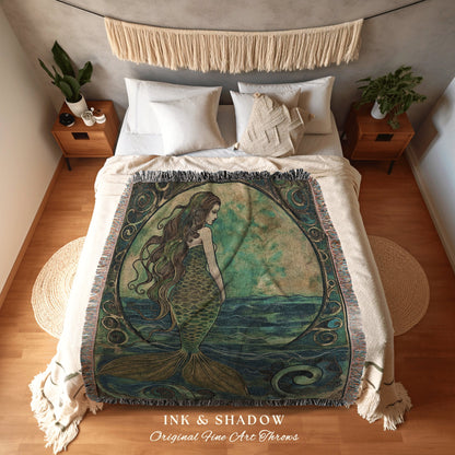 Boho Teal Mermaid Tapestry | Dark Academia Bedroom Celestial Throw Ethereal Mermaidcore Royalcare Tapestry Sirencore Decor Celestial |