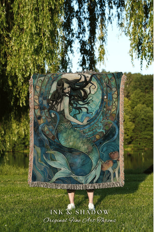 Water Witch Blanket Woven | Dark Cottagecore Bedroom Celestial Throw Ethereal Tapestry Sirencore Decor Witchy Art Fairy Grunge Aesthetic |