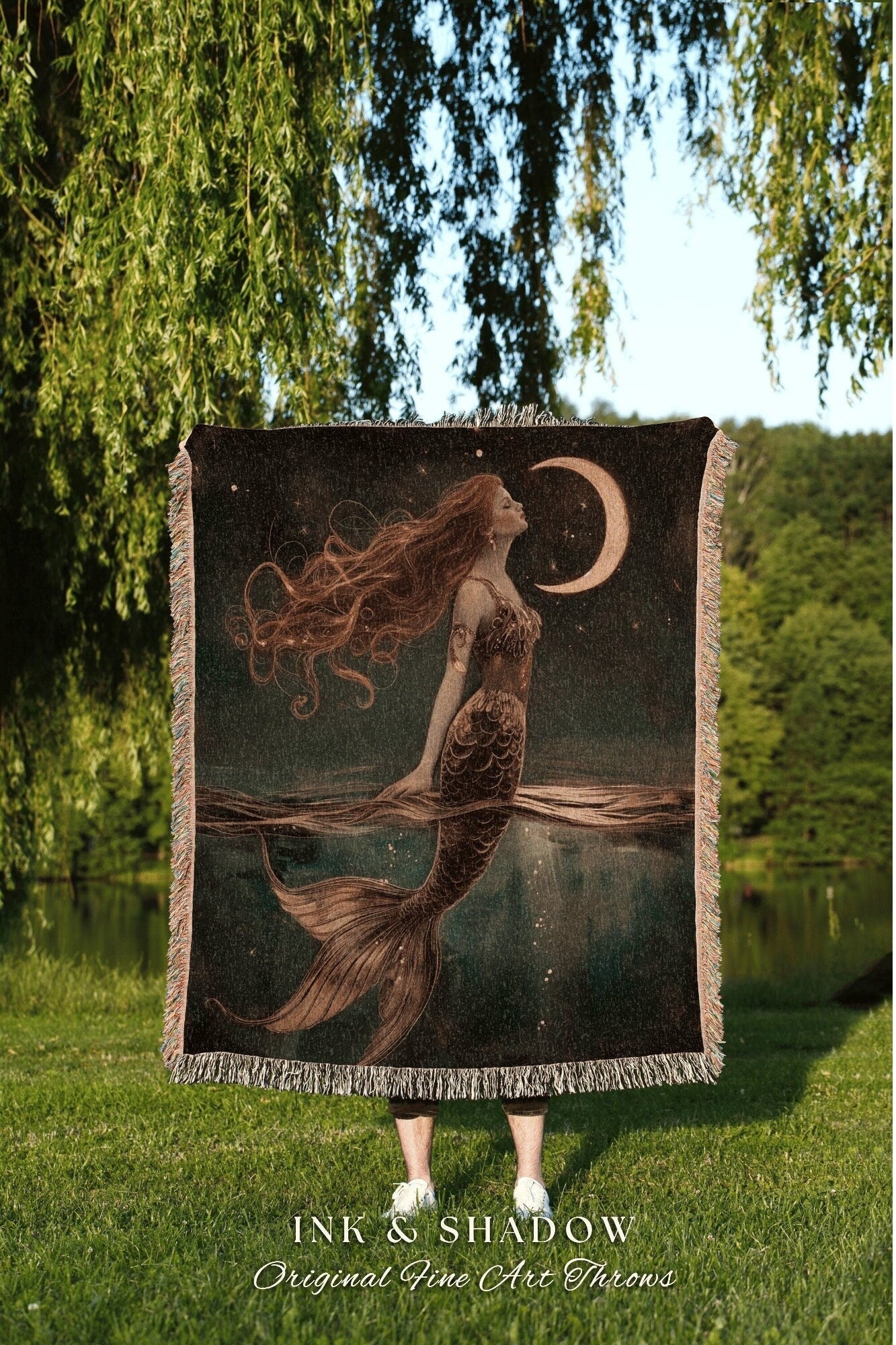 Moonlit Mermaid Woven Tapestry | Mermaidcore Bedroom Celestial Sea Witch Tapestry Sirencore Decor Art Nouveau Fairy Grunge Moody Aesthetic