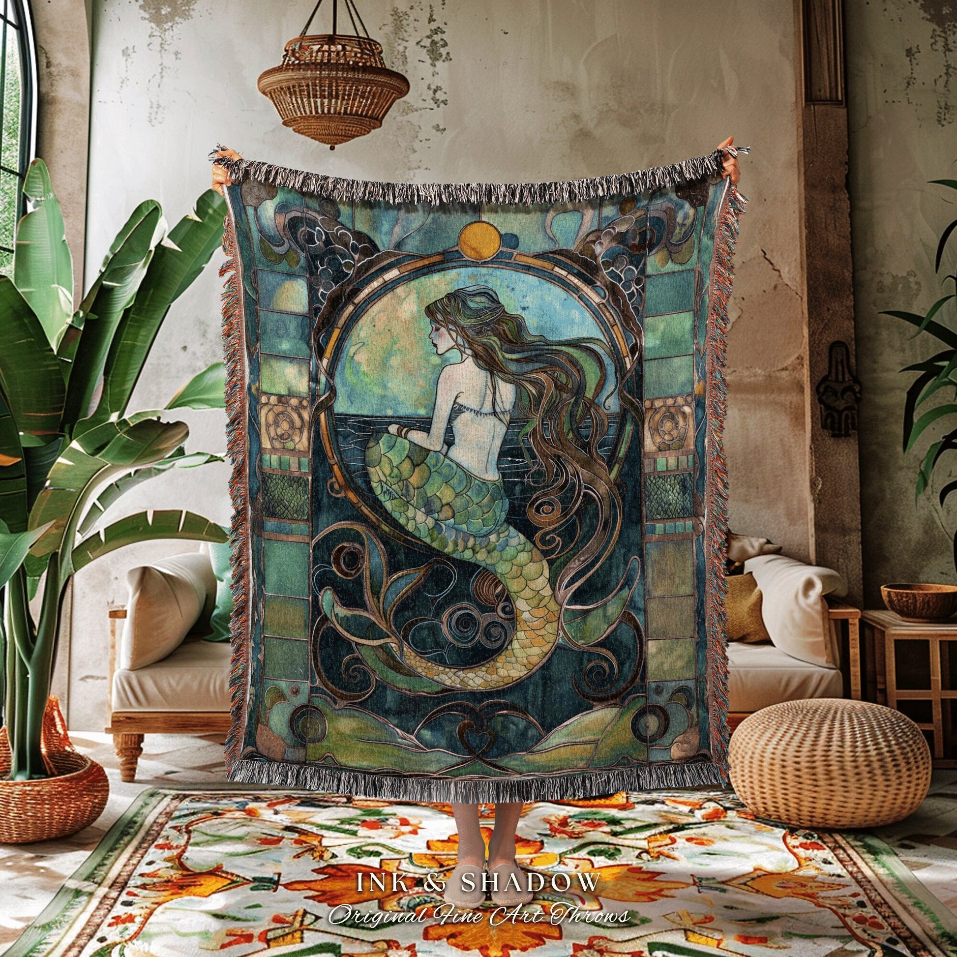 Teal Mermaid Cozy Throw | Fairycore Bedroom Celestial Siren Blanket Ethereal Sirencore Decor Art Nouveau Witchy Stained Glass Aesthetic |