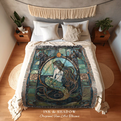 Teal Mermaid Cozy Throw | Fairycore Bedroom Celestial Siren Blanket Ethereal Sirencore Decor Art Nouveau Witchy Stained Glass Aesthetic |