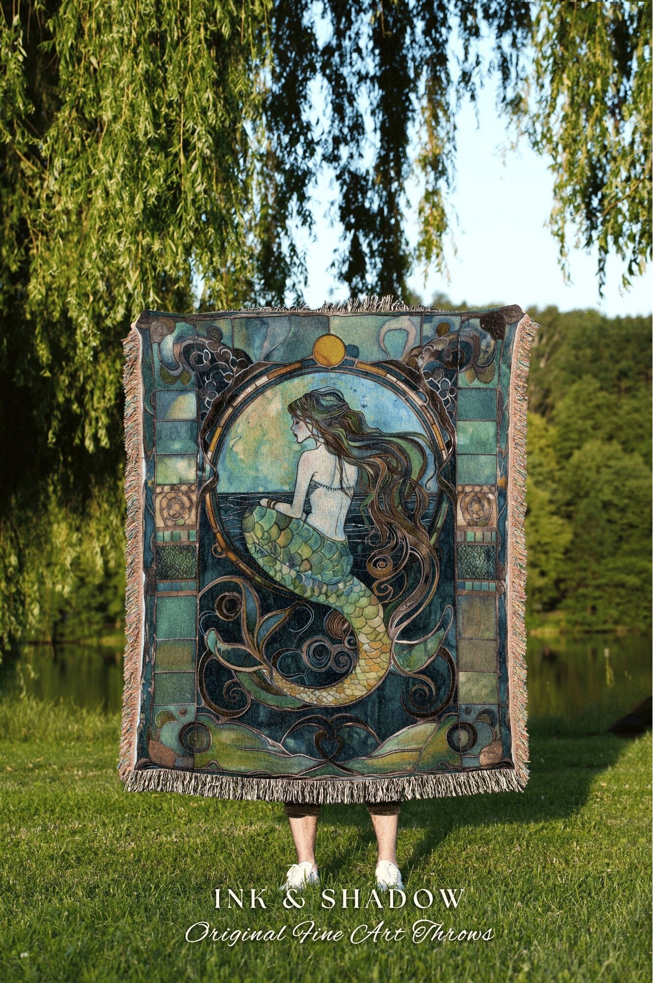 Teal Mermaid Cozy Throw | Fairycore Bedroom Celestial Siren Blanket Ethereal Sirencore Decor Art Nouveau Witchy Stained Glass Aesthetic |