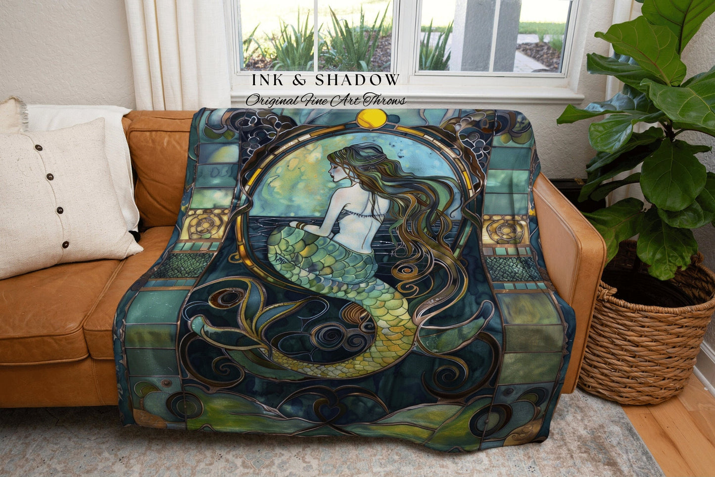 Teal Mermaid Cozy Throw | Fairycore Bedroom Celestial Siren Blanket Ethereal Sirencore Decor Art Nouveau Witchy Stained Glass Aesthetic |