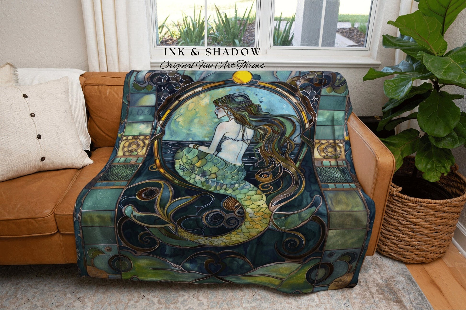 Teal Mermaid Cozy Throw | Fairycore Bedroom Celestial Siren Blanket Ethereal Sirencore Decor Art Nouveau Witchy Stained Glass Aesthetic |