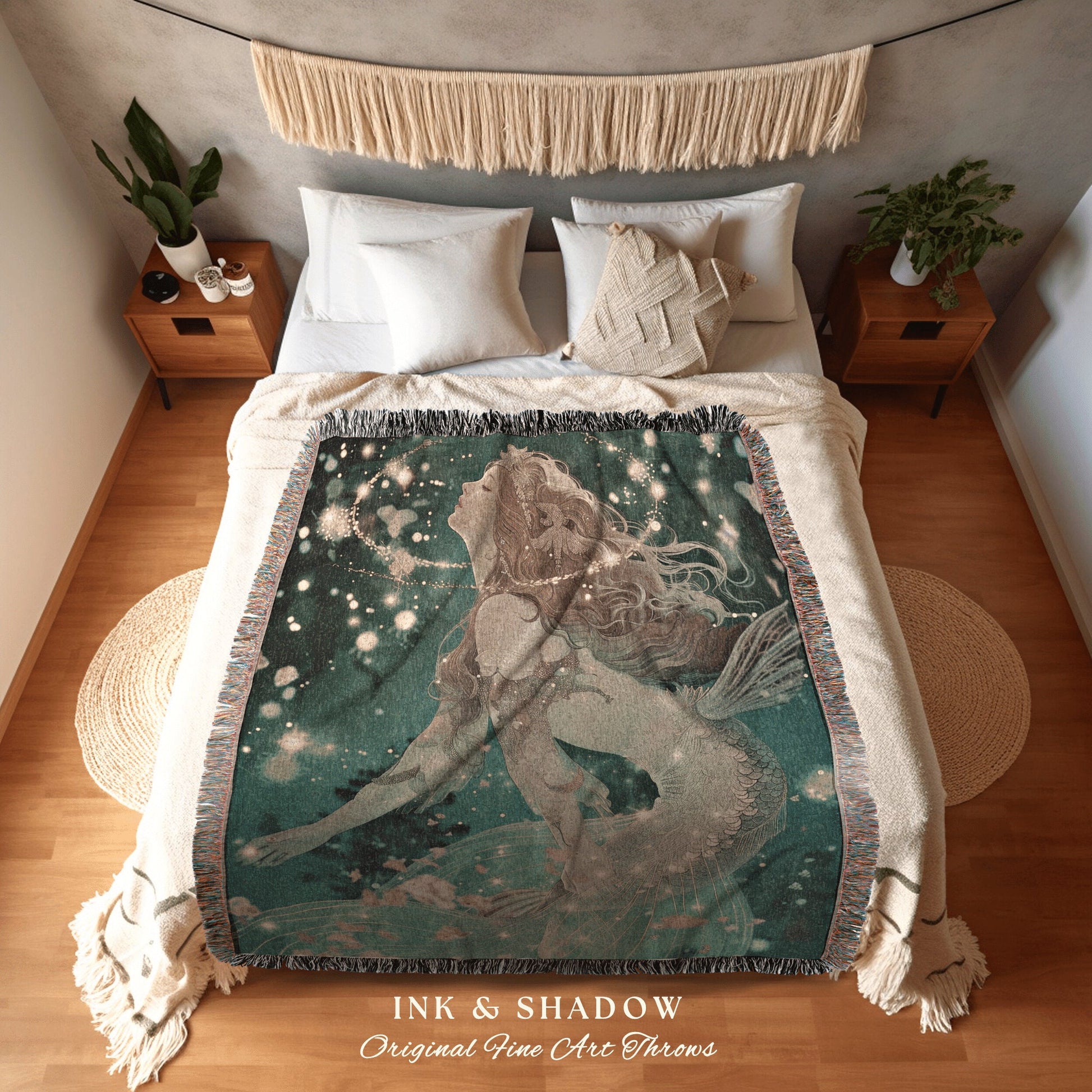 Mythological Siren Tapestry Woven | Cottagecore Bedroom Celestial Throw Ethereal Tapestry Sirencore Decor Witchy Art Fairy Grunge Celestial