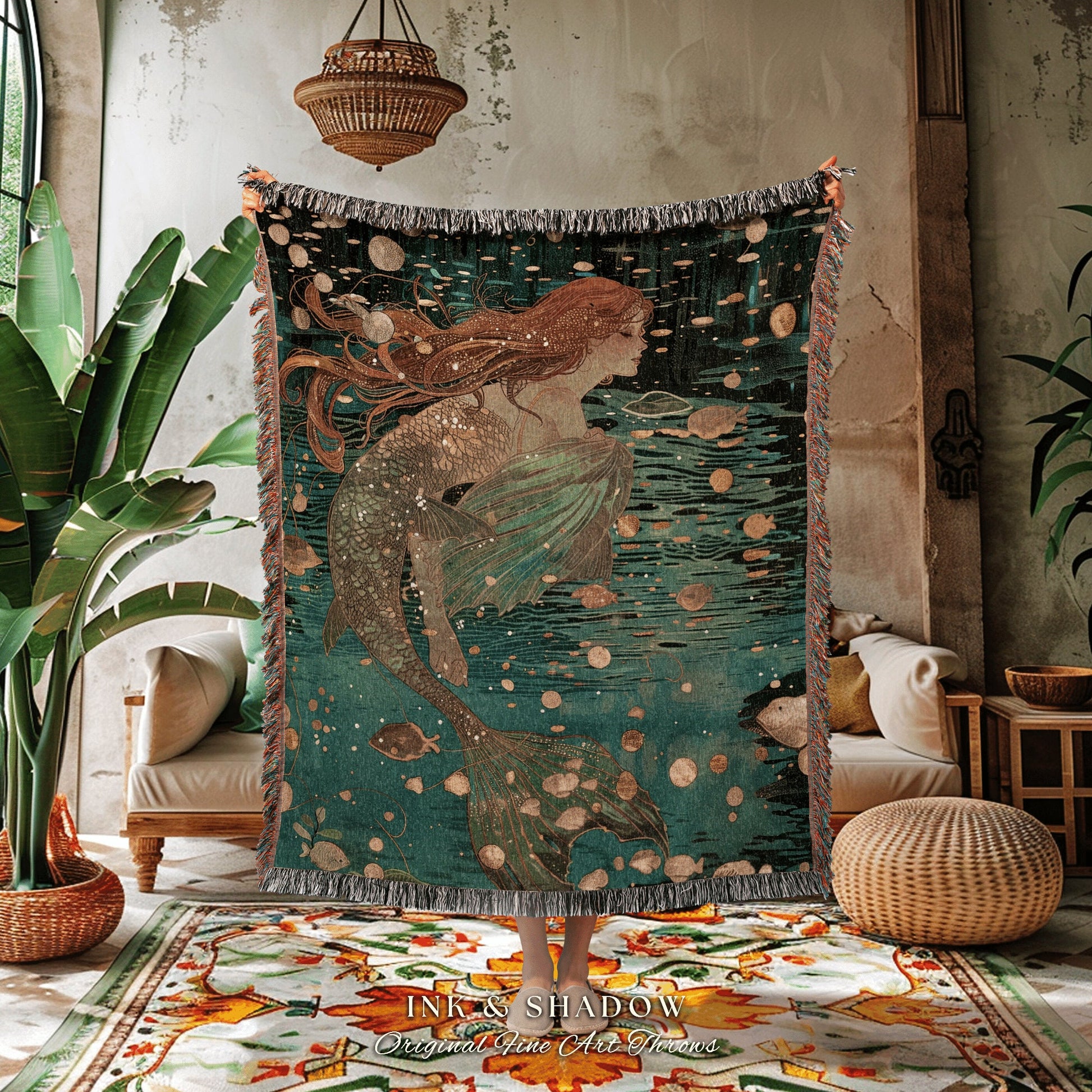 Ethereal Mystic Mermaid Blanket | Fairycore Bedroom Celestial Throw Ethereal Tapestry Sirencore Decor Witchy Stained Glass Woven Wall Art