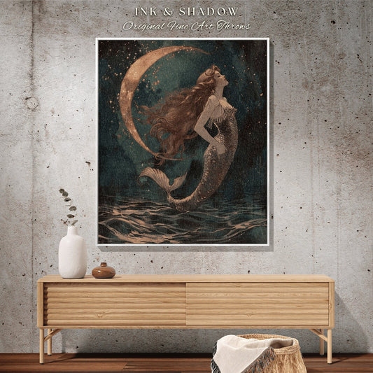 Moonlight Mermaid Tapestry | Fairycore Bedroom Celestial Throw Ethereal Sirencore Moody Decor Witchy Celestial Woven Wall Art Cottagecore