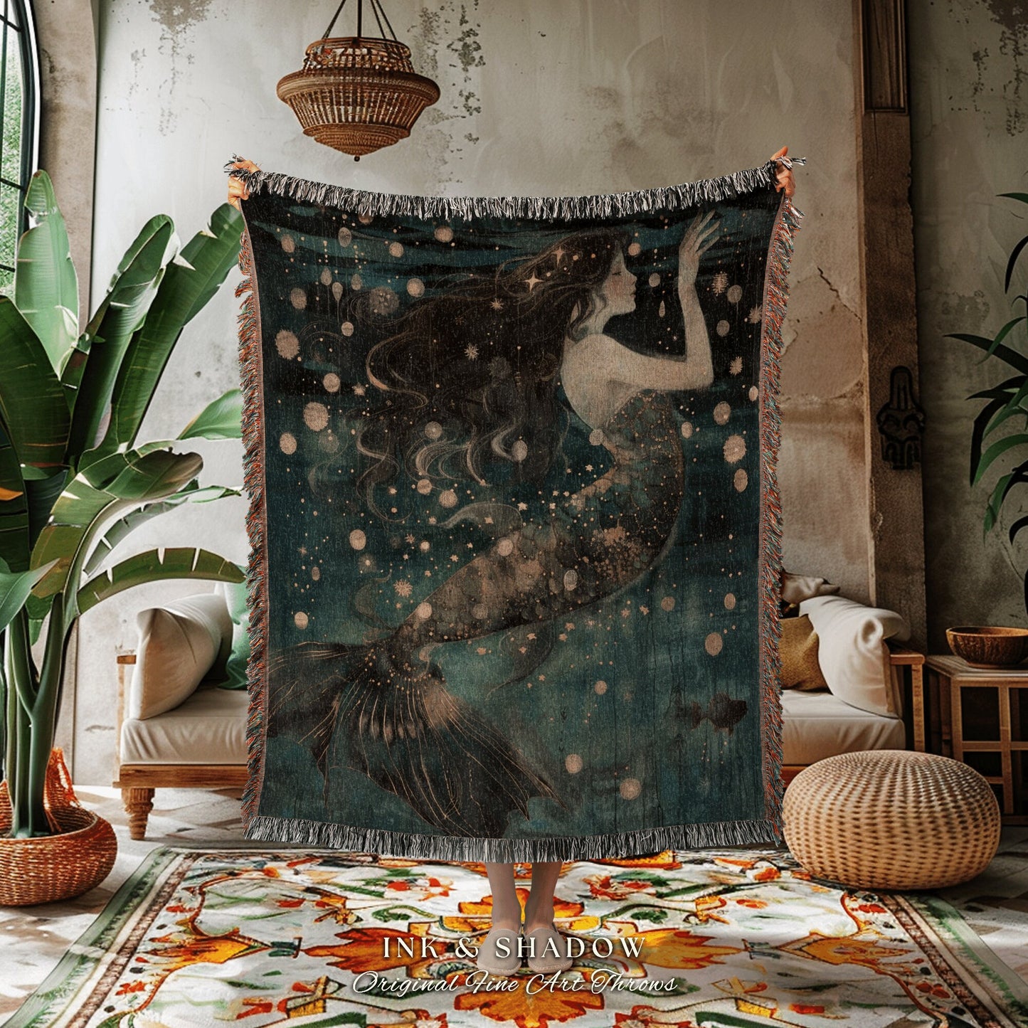 Witchy Aesthetic Throw Blanket | Mermaid Aesthetic Bedroom Celestial Witch Blanket Fairycore Decor Art Nouveau Fairy Decor Dark Academia