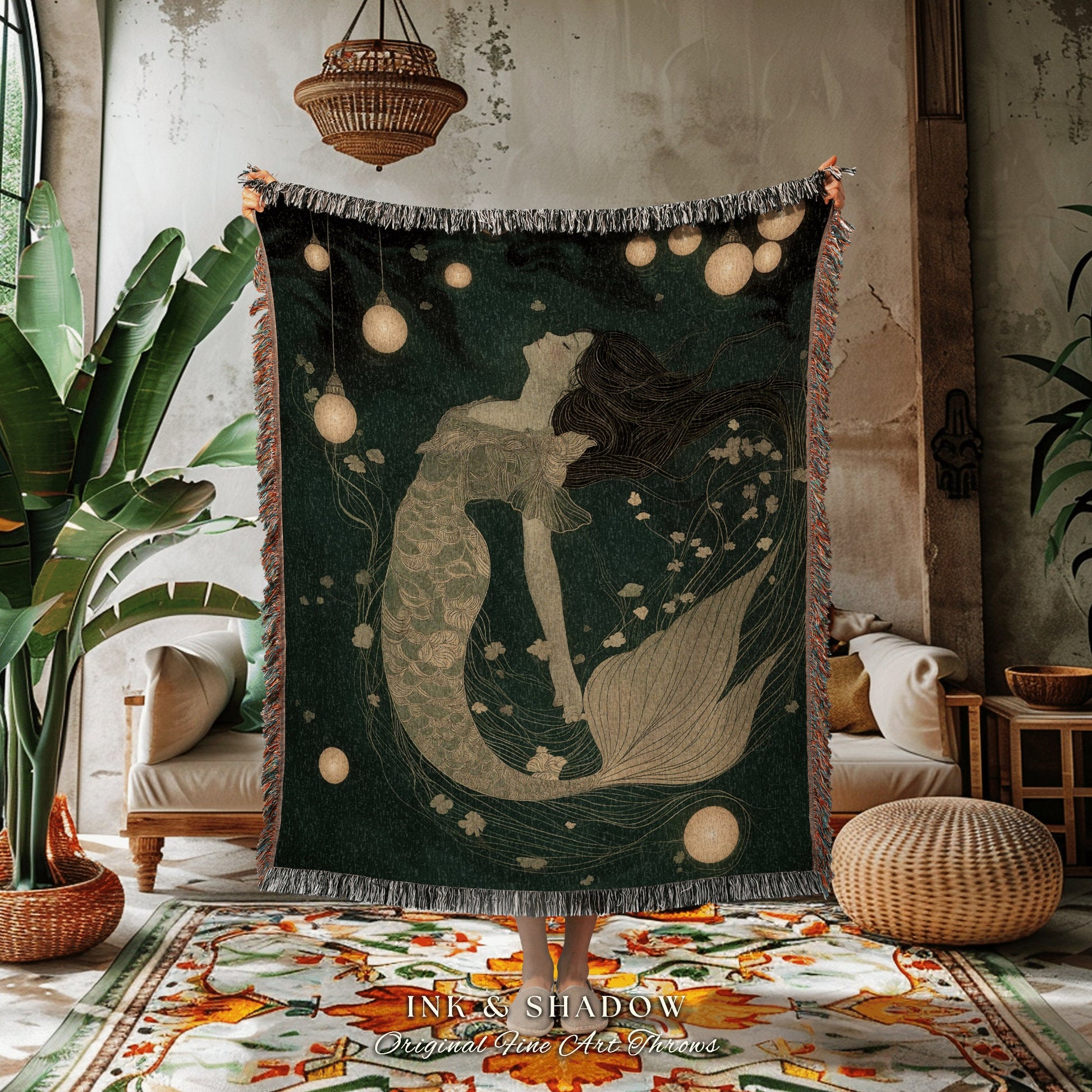 Sea Goddess Woven Throw | Mermaid Aesthetic Bedroom Celestial Witch Tapestry Fairycore Decor Art Nouveau Fairy Grunge Decor Dark Academia