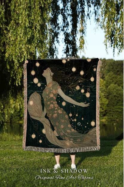 Mystic Water Fairy Woven Throw | Mermaid Aesthetic Bedroom Celestial Witch Blanket Fairycore Decor Art Nouveau Fairy Decor Dark Academia