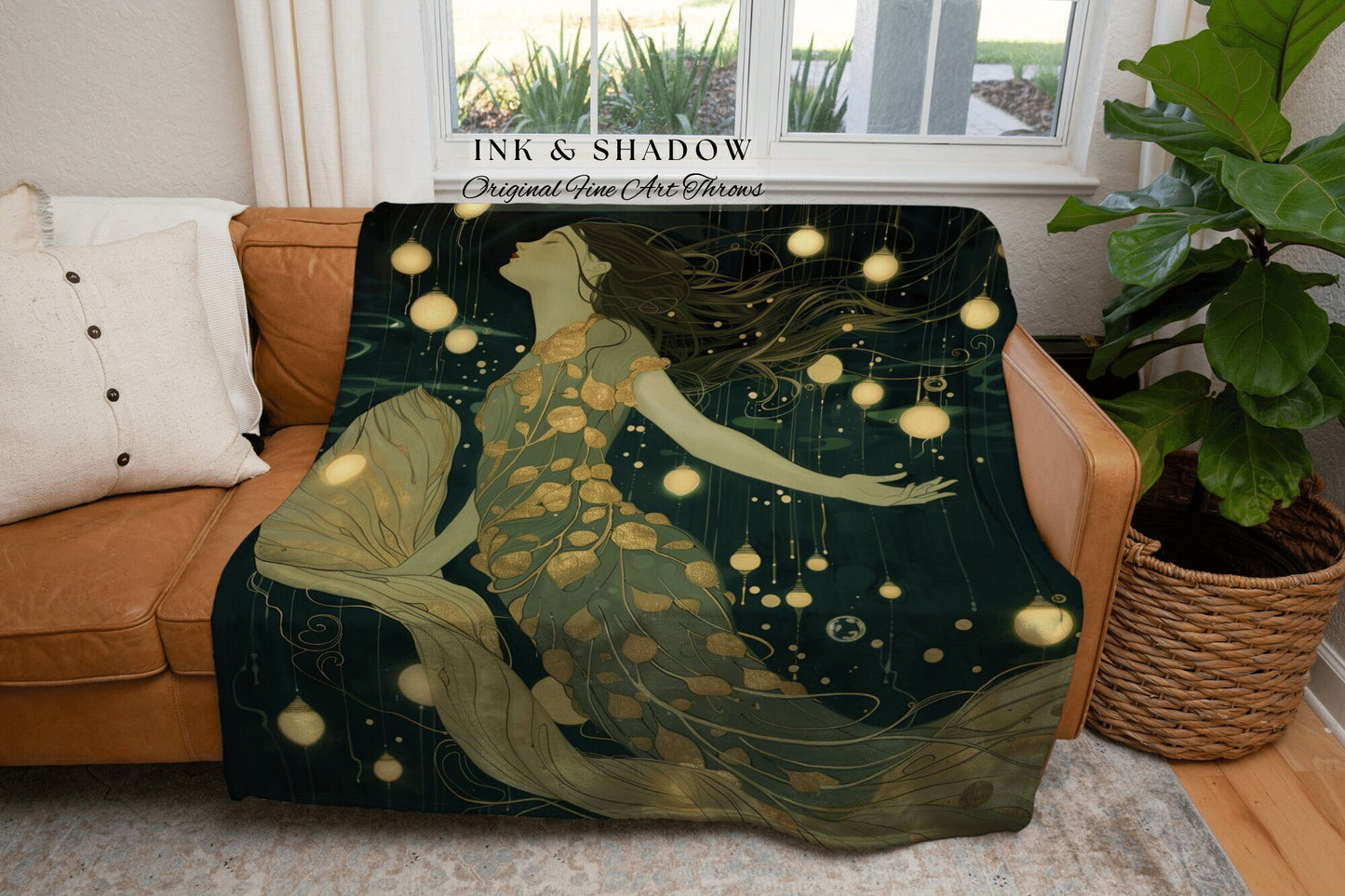 Mystic Water Fairy Woven Throw | Mermaid Aesthetic Bedroom Celestial Witch Blanket Fairycore Decor Art Nouveau Fairy Decor Dark Academia