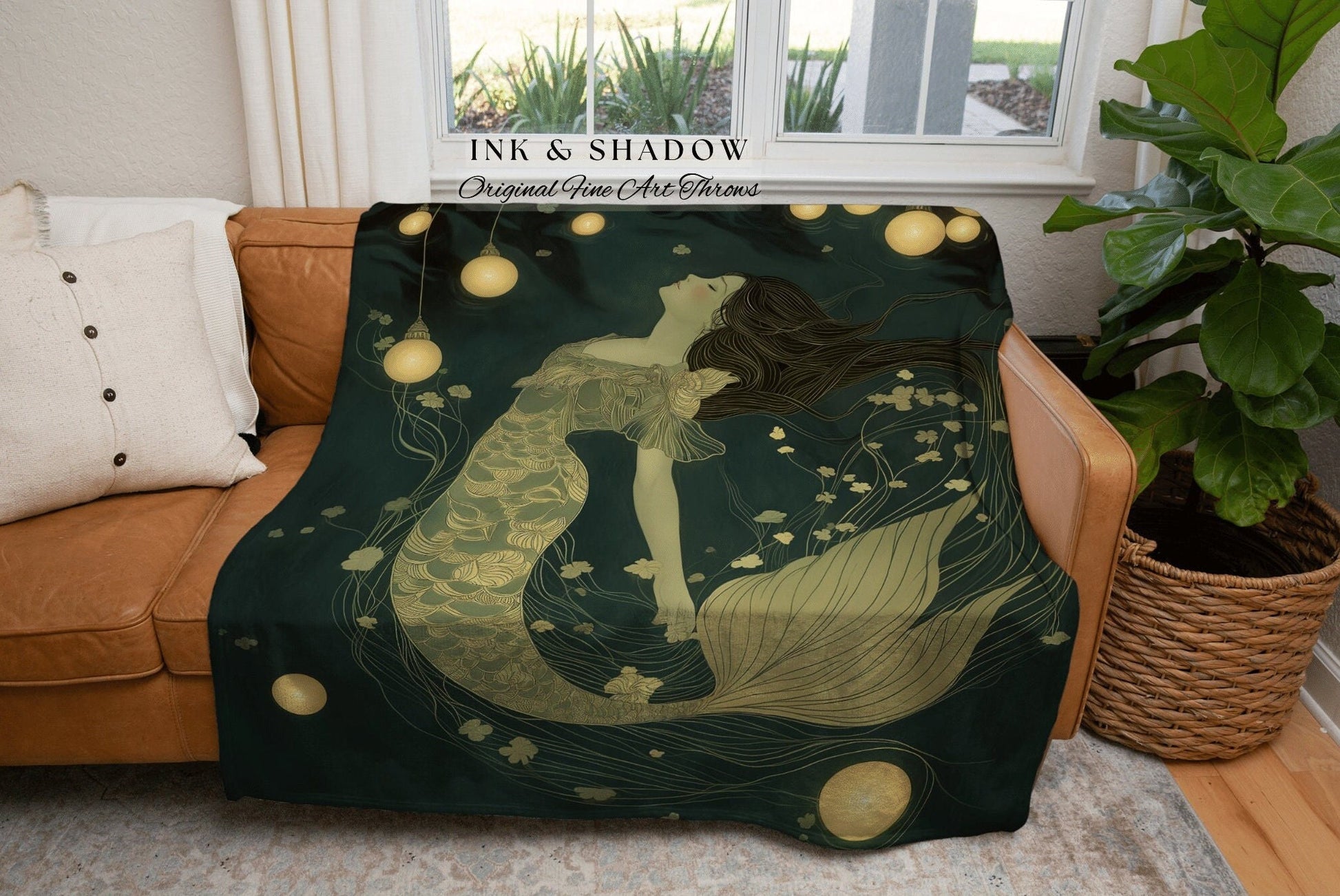 Sea Goddess Woven Throw | Mermaid Aesthetic Bedroom Celestial Witch Tapestry Fairycore Decor Art Nouveau Fairy Grunge Decor Dark Academia