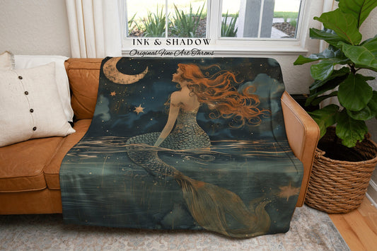 Luna Mermaid Room Decor | Mermaid Aesthetic Bedroom Celestial Witch Tapestry Fairycore Decor Art Nouveau Blanket Fairy Decor Dark Academia